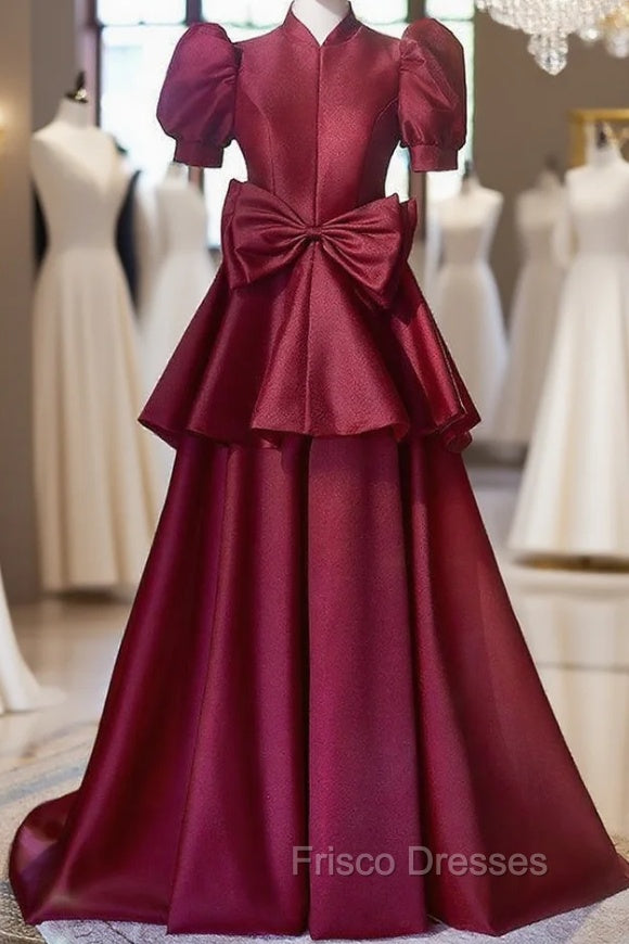 Burgundy Satin High Neck Puff Sleeve Bow Formal Prom Dress Main image