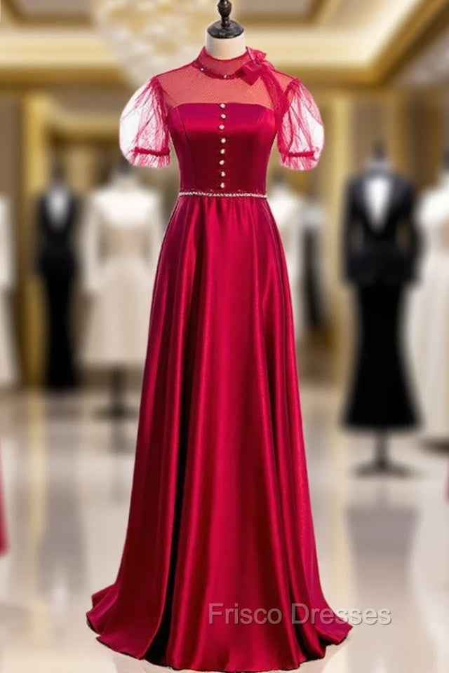 Burgundy Satin High Neck Short Sleeve Backless Beading Formal Prom Dress
