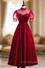 Burgundy Satin High Neck Short Sleeve Pleats Pearls Formal Prom Dress