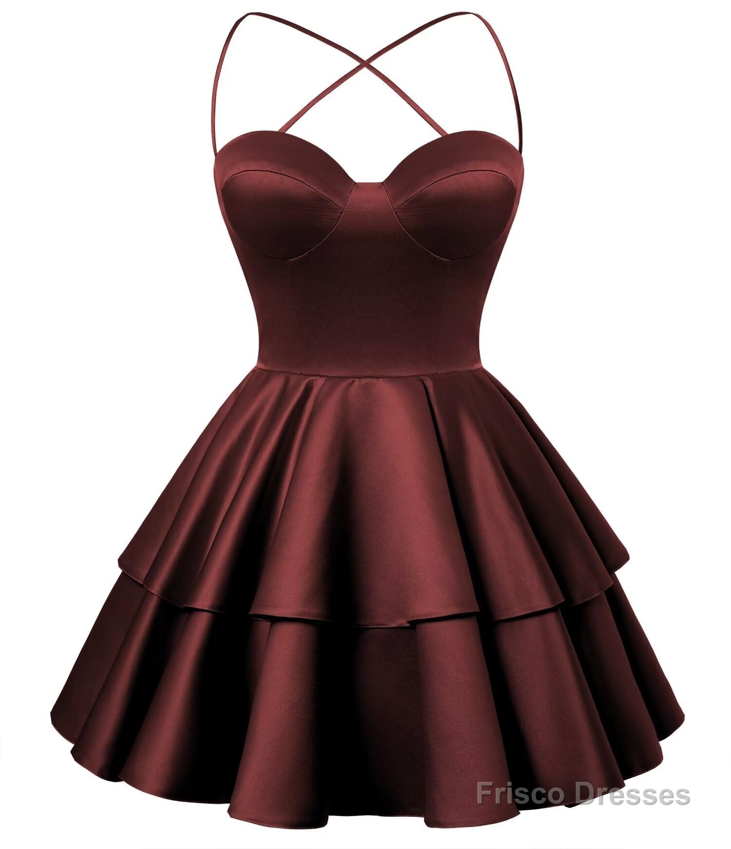 Burgundy Satin Homecoming Dress Sweetheart Neck Tiered Short Graduation Dresses Main image
