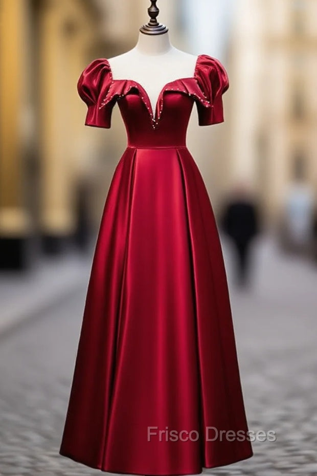 Burgundy Satin Illusion Neck Short Sleeve Formal Prom Dress Main image