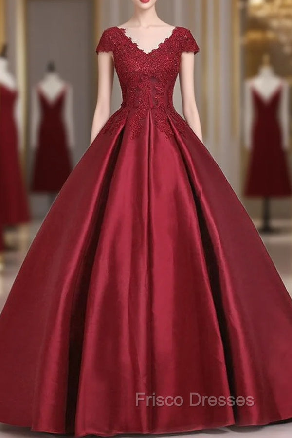 Burgundy Satin Lace Applique Scoop Neckline Long Formal Prom Dress Main image