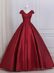 Burgundy Satin Lace Applique Scoop Neckline Long Prom Dress