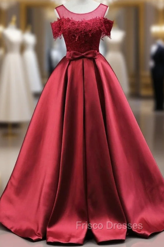 Burgundy Satin Lace Bow Formal Prom Dress