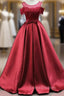 Burgundy Satin Lace Bow Formal Prom Dress