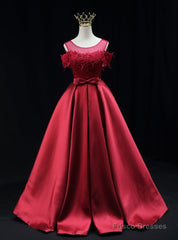 Burgundy Satin Lace Bow Prom Dress