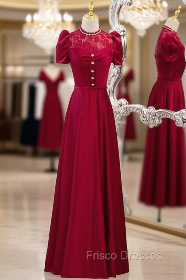 Burgundy Satin Lace Puff Sleeve Backless Formal Prom Dress Main image