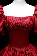 Burgundy Satin Long A-Line Formal Prom Dress, Burgundy Formal Evening Dress