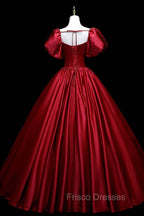 Burgundy Satin Long A-Line Formal Prom Dress, Burgundy Formal Evening Dress