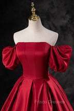 Burgundy Satin Long A-Line Formal Prom Dress, Off the Shoulder Evening Party Dress