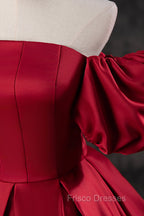 Burgundy Satin Long A-Line Formal Prom Dress, Off the Shoulder Evening Party Dress