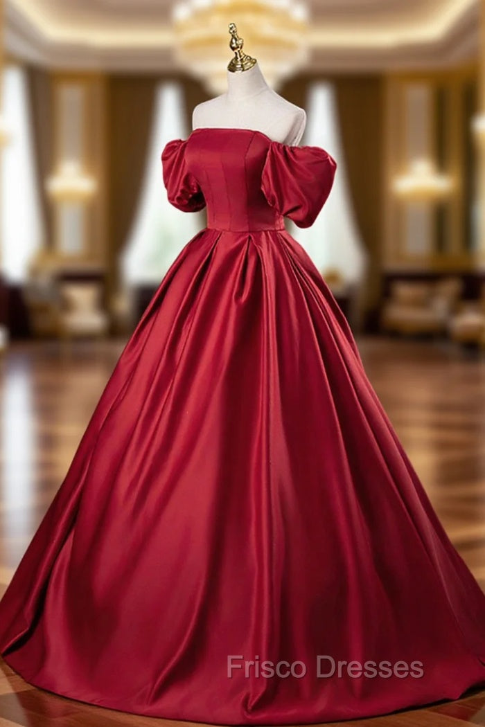 Burgundy Satin Long A-Line Formal Prom Dress, Off the Shoulder Evening Party Dress