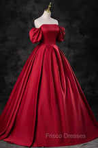 Burgundy Satin Long A-Line Formal Prom Dress, Off the Shoulder Evening Party Dress