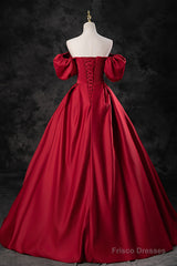 Burgundy Satin Long A-Line Prom Dress, Off the Shoulder Evening Party Dress