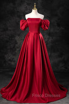 Burgundy Satin Long A-Line Formal Prom Dress, Off the Shoulder Evening Party Dress
