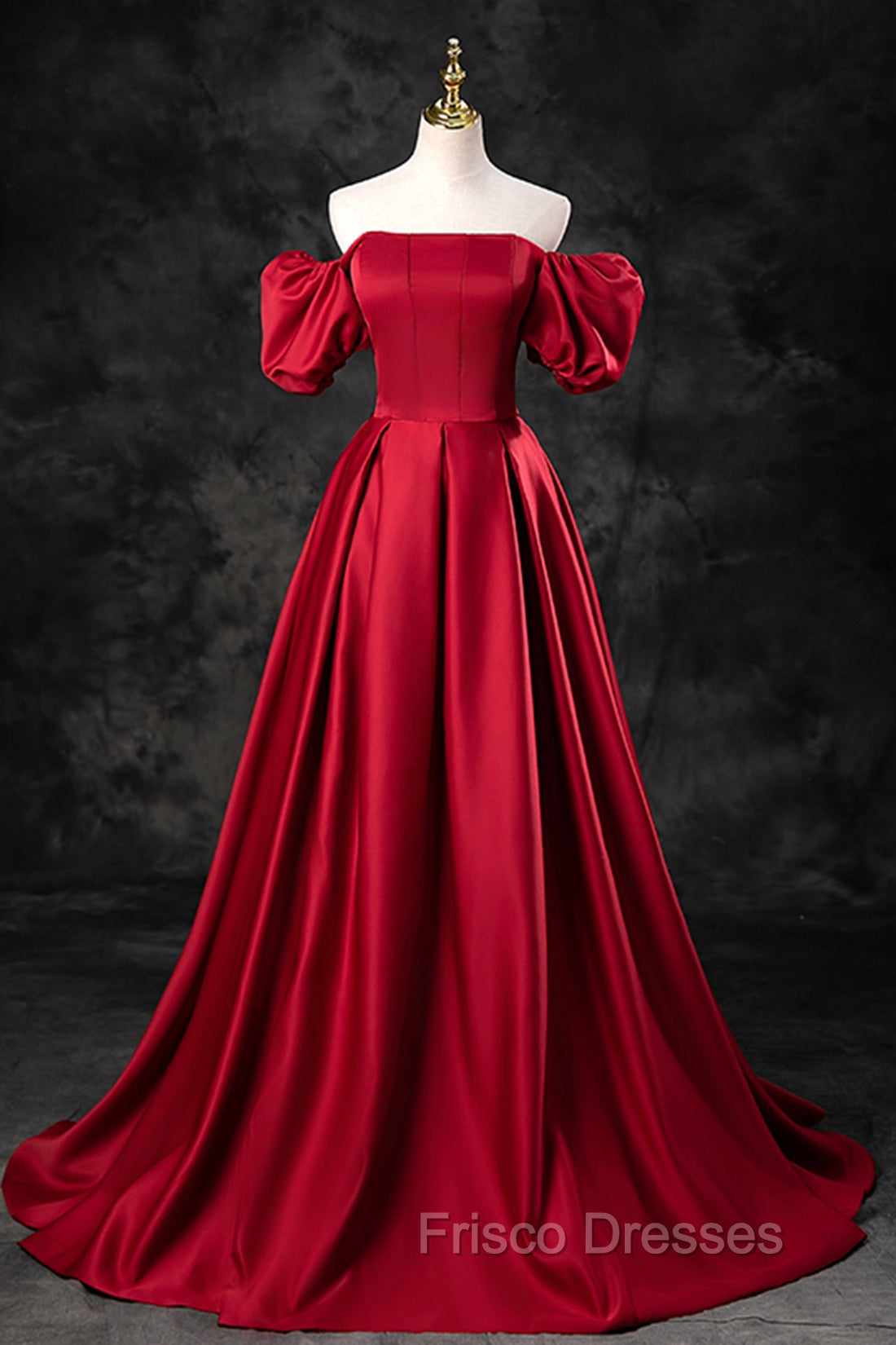 Burgundy Satin Long A-Line Formal Prom Dress, Off the Shoulder Evening Party Dress