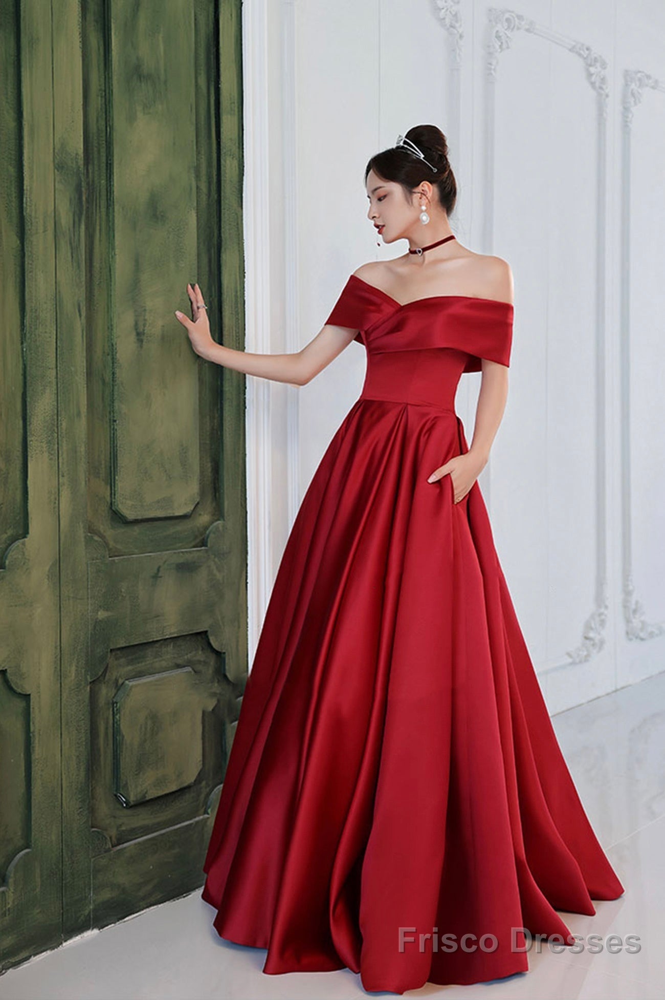 Burgundy Satin Long A-Line Prom Dress, Simple V-Neck Evening Dress