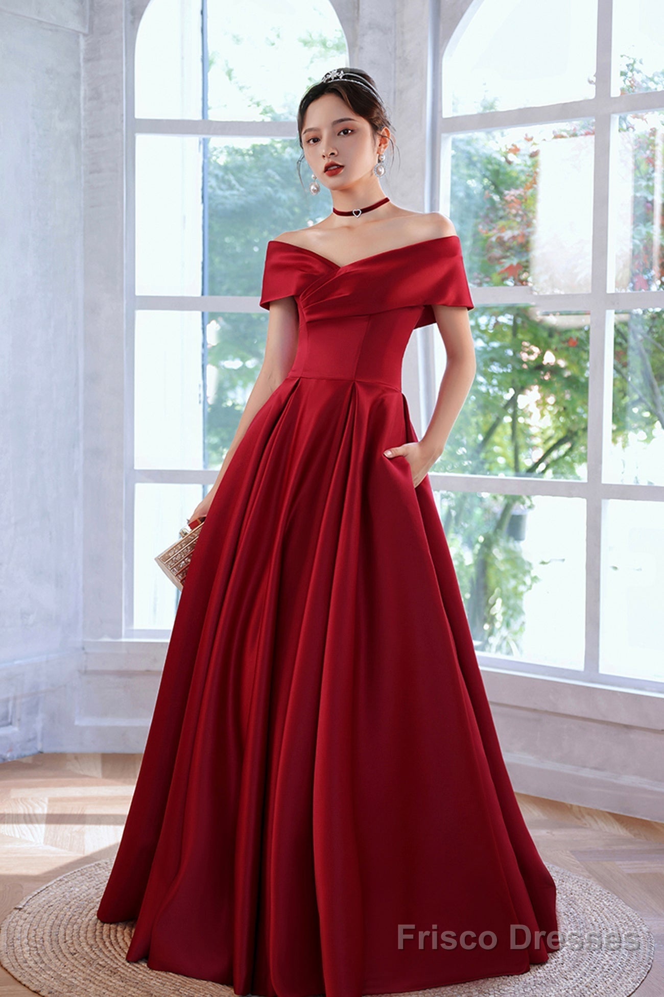 Burgundy Satin Long A-Line Prom Dress, Simple V-Neck Evening Dress Main image