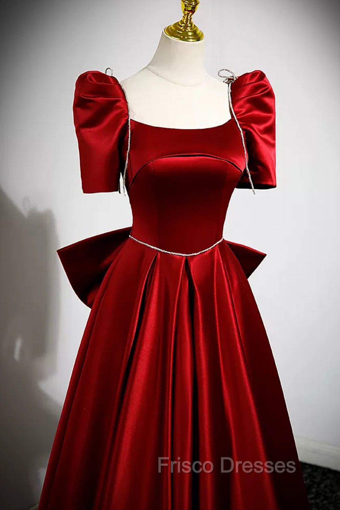 Burgundy Satin Long Formal Prom Dress, A-Line Evening Dress with Bow