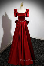 Burgundy Satin Long Formal Prom Dress, A-Line Evening Dress with Bow