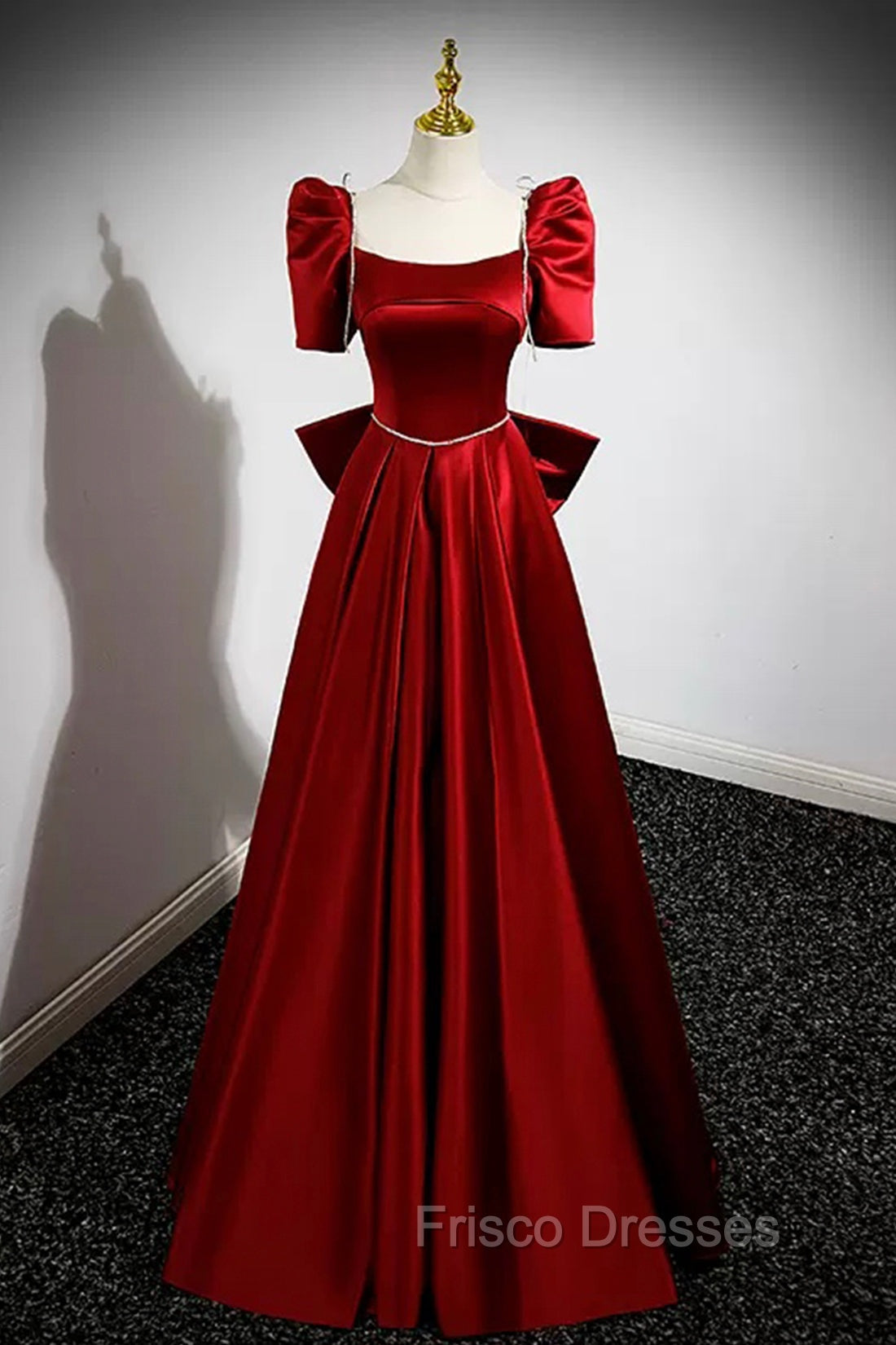Burgundy Satin Long Formal Prom Dress, A-Line Evening Dress with Bow