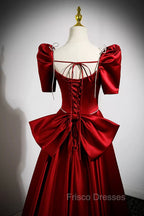 Burgundy Satin Long Formal Prom Dress, A-Line Evening Dress with Bow