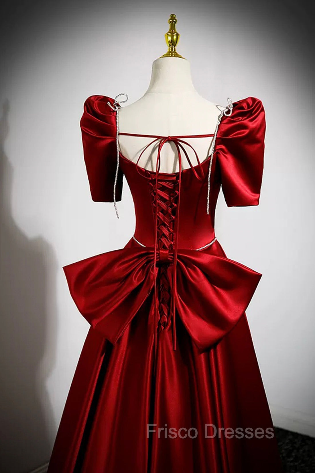 Burgundy Satin Long Formal Prom Dress, A-Line Evening Dress with Bow