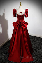 Burgundy Satin Long Formal Prom Dress, A-Line Evening Dress with Bow