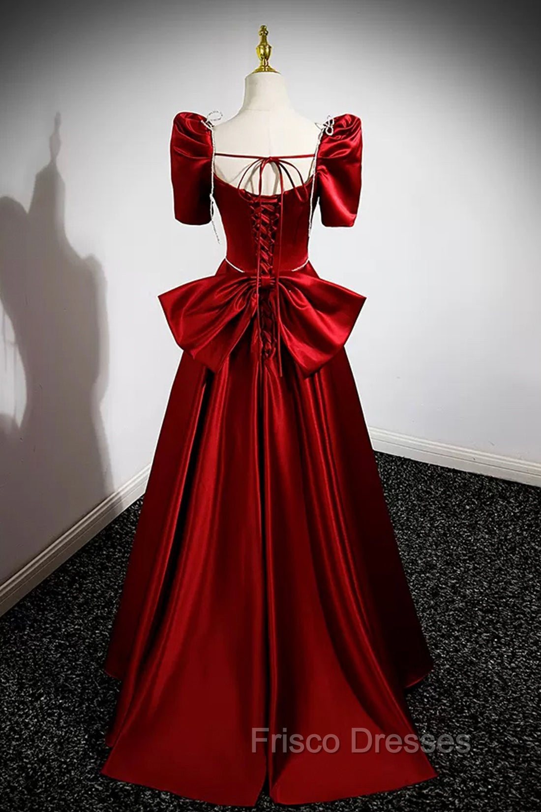 Burgundy Satin Long Formal Prom Dress, A-Line Evening Dress with Bow