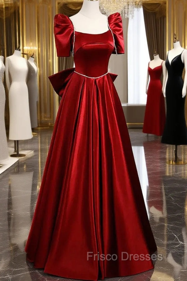 Burgundy Satin Long Formal Prom Dress, A-Line Evening Dress with Bow