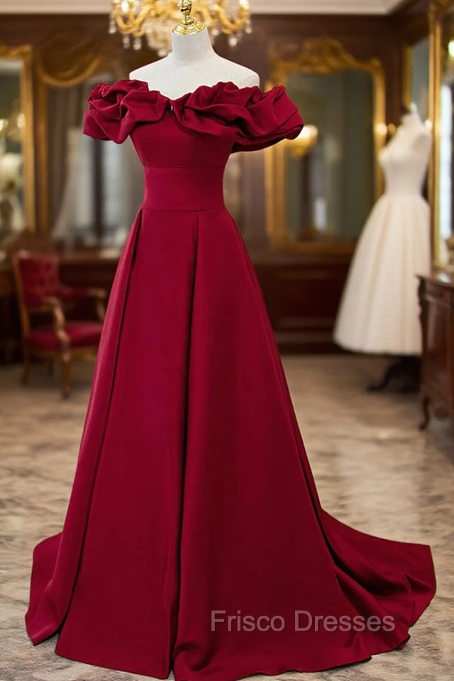 Burgundy Satin Long Formal Prom Dress, A-Line Off Shoulder Evening Party Dress
