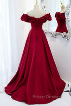Burgundy Satin Long Formal Prom Dress, A-Line Off Shoulder Evening Party Dress
