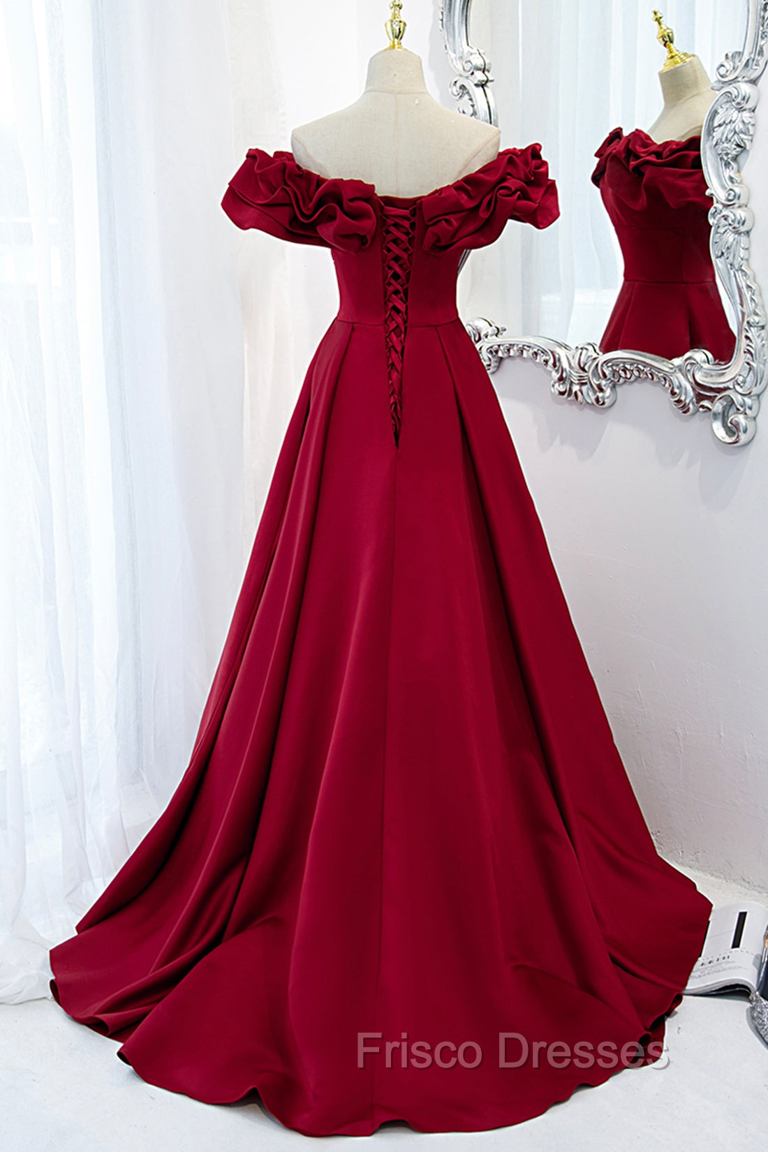 Burgundy Satin Long Formal Prom Dress, A-Line Off Shoulder Evening Party Dress