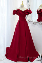 Burgundy Satin Long Formal Prom Dress, A-Line Off Shoulder Evening Party Dress
