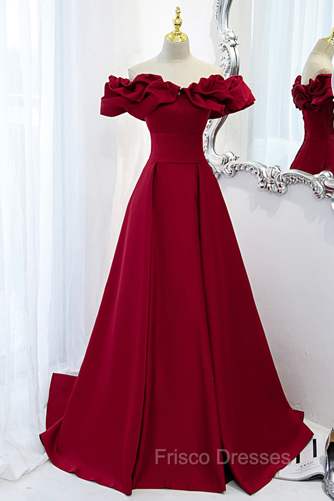 Burgundy Satin Long Formal Prom Dress, A-Line Off Shoulder Evening Party Dress
