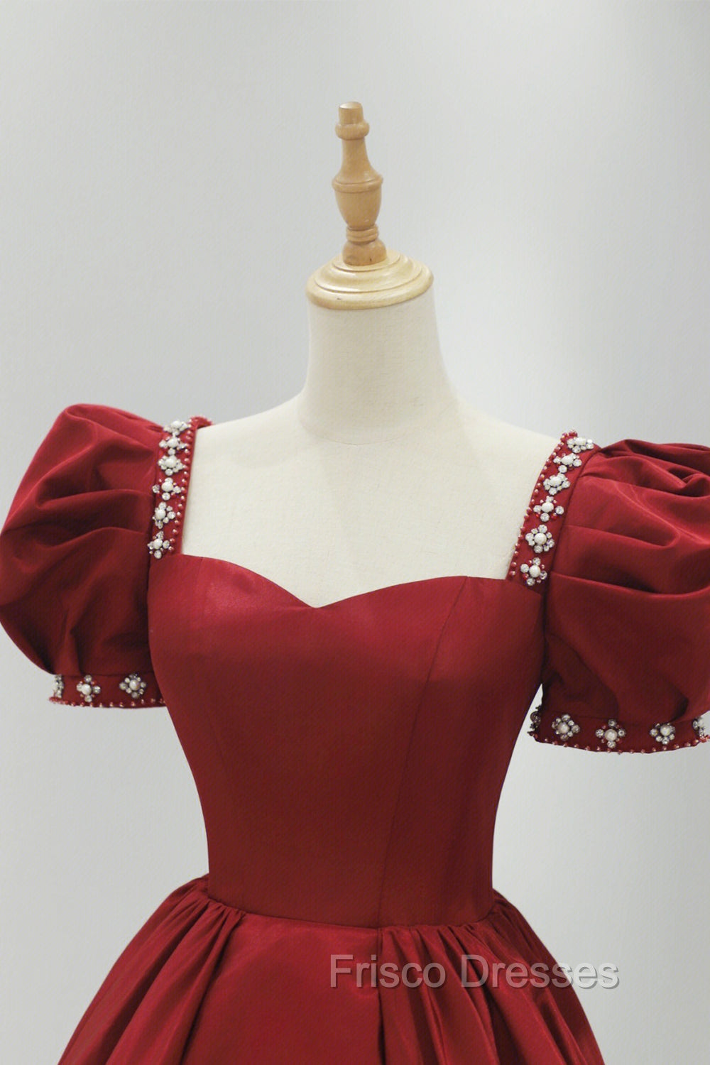 Burgundy Satin Long Formal Prom Dress, A-Line Short Sleeve Evening Dress