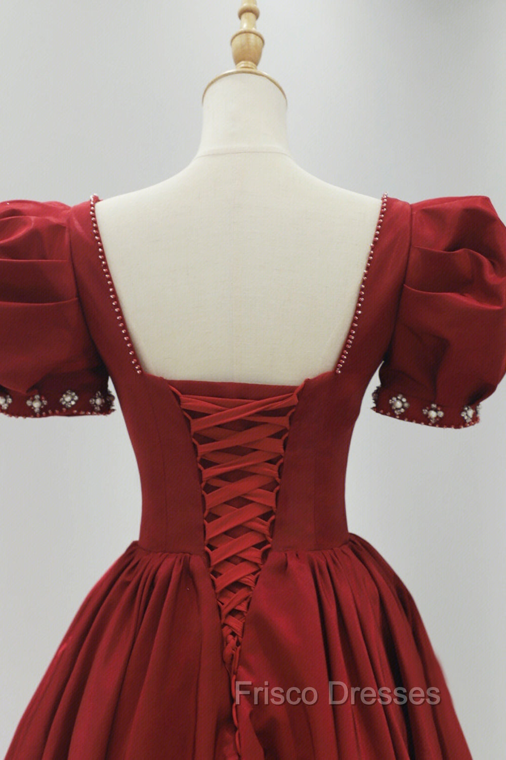 Burgundy Satin Long Formal Prom Dress, A-Line Short Sleeve Evening Dress