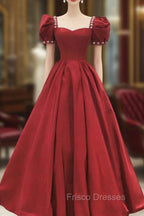 Burgundy Satin Long Formal Prom Dress, A-Line Short Sleeve Evening Dress