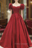 Burgundy Satin Long Formal Prom Dress, A-Line Short Sleeve Evening Dress