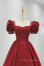 Burgundy Satin Long Formal Prom Dress, A-Line Short Sleeve Evening Dress