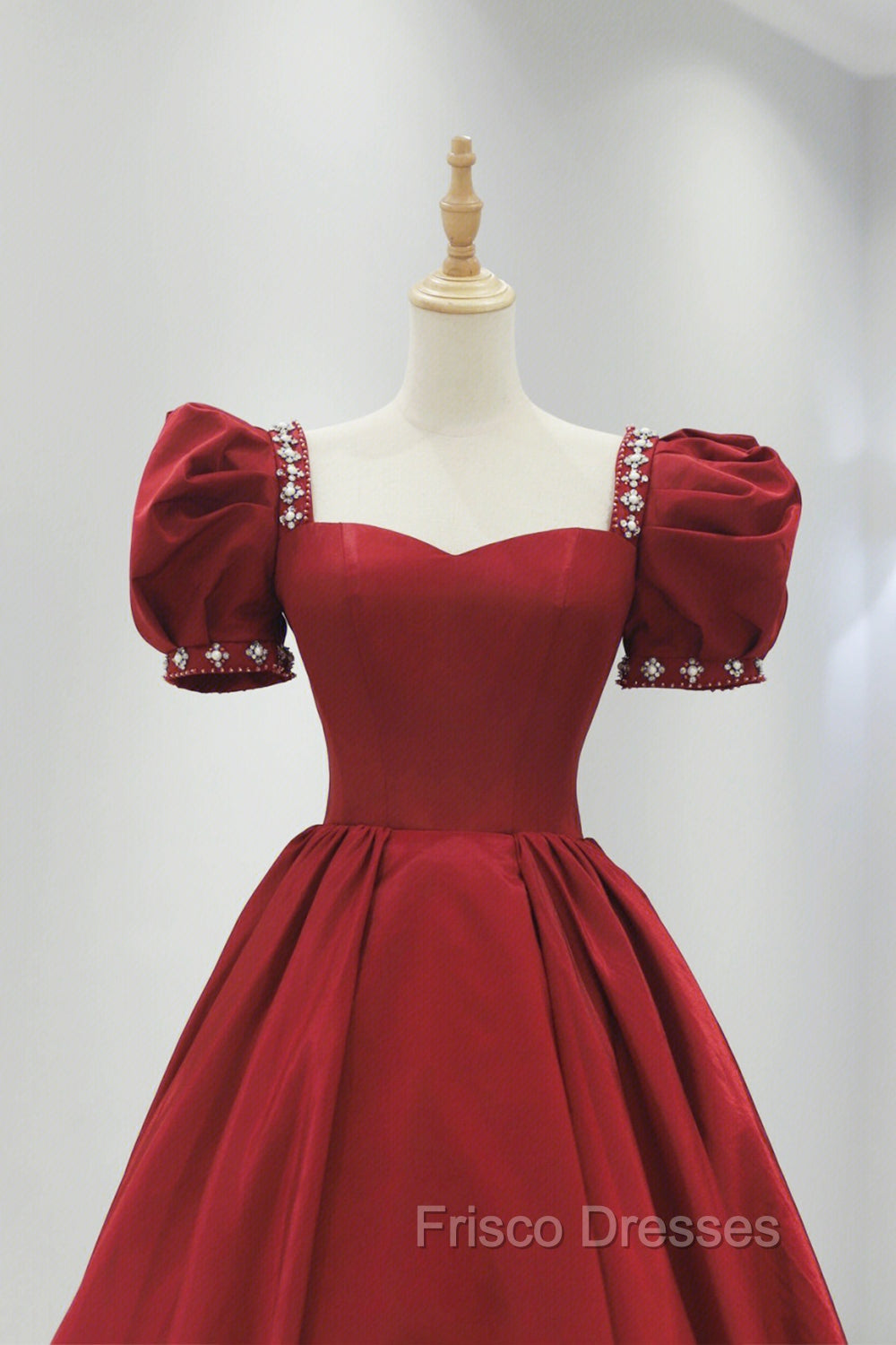Burgundy Satin Long Formal Prom Dress, A-Line Short Sleeve Evening Dress