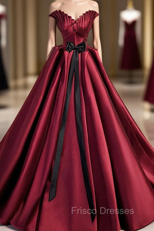 Burgundy Satin Long Formal Prom Dress, Burgundy A-Line Evening Dress