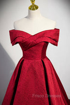 Burgundy Satin Long Formal Prom Dress, Off Shoulder Evening Party Dress
