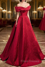 Burgundy Satin Long Formal Prom Dress, Off Shoulder Evening Party Dress