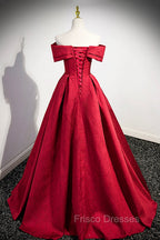 Burgundy Satin Long Formal Prom Dress, Off Shoulder Evening Party Dress