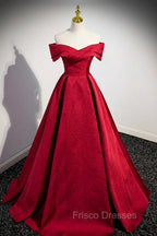 Burgundy Satin Long Formal Prom Dress, Off Shoulder Evening Party Dress