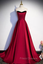 Burgundy Satin Long Formal Prom Dress, Simple A-Line Evening Party Dress