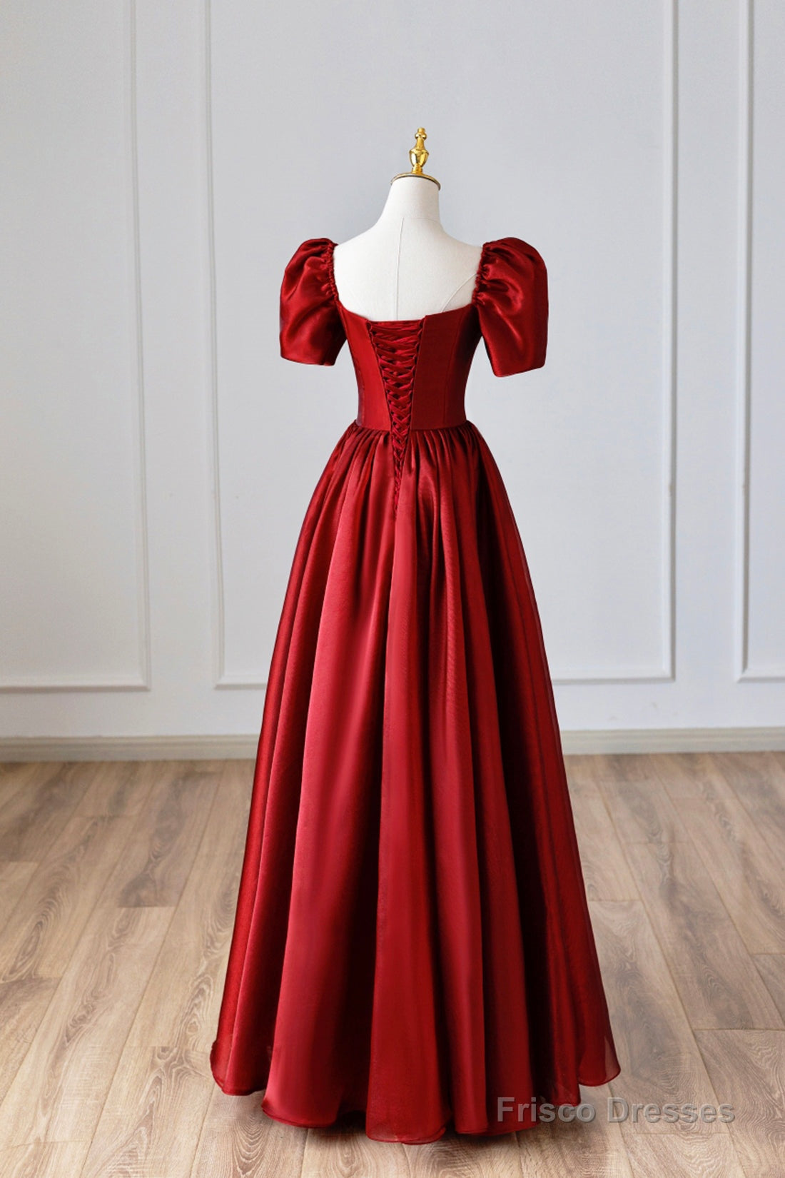 Burgundy Satin Long Prom Dress, Simple A-Line Short Sleeve Evening Dress Main image