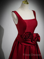 Burgundy Satin Long Formal Prom Dress With Flowers, Elegant A-Line Party Dress