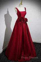 Burgundy Satin Long Formal Prom Dress With Flowers, Elegant A-Line Party Dress
